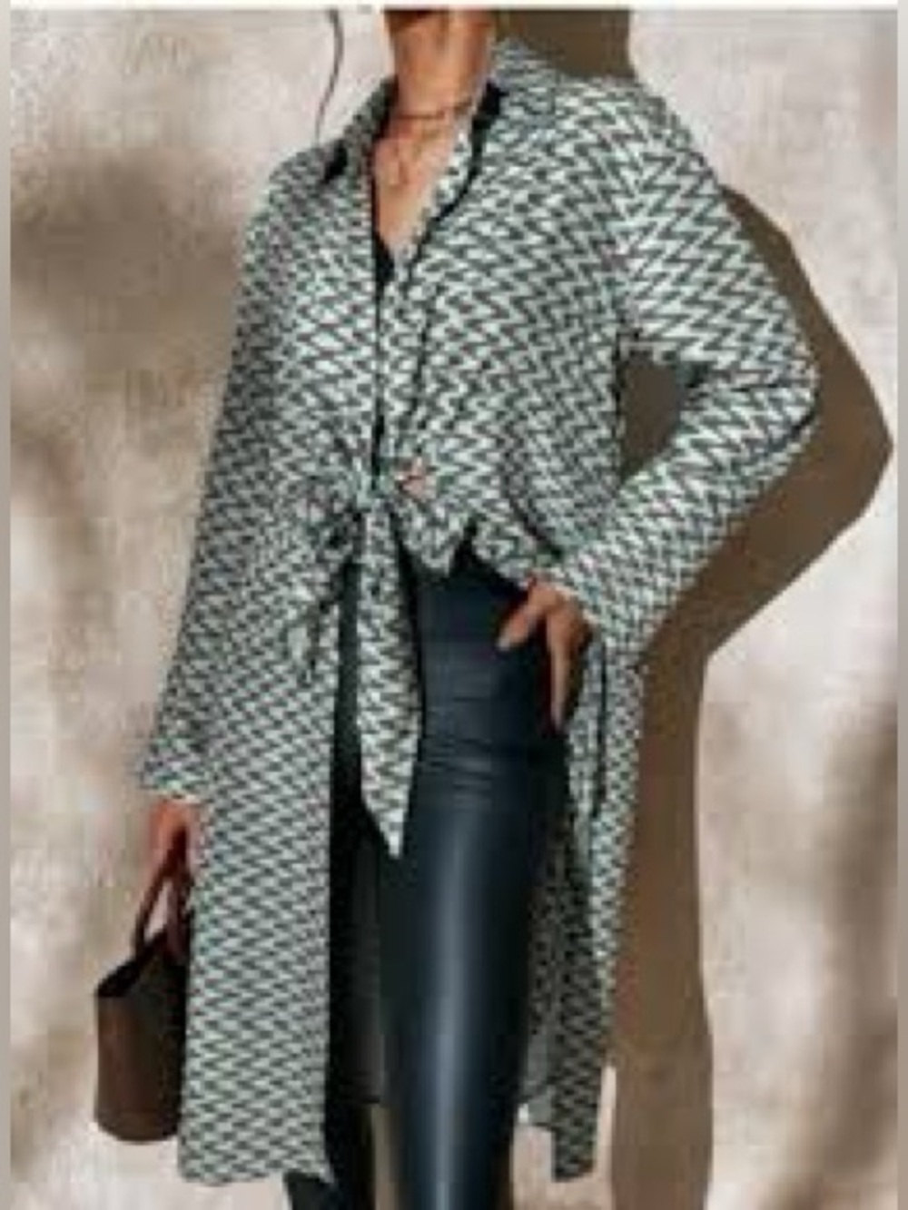 Zara NWT Printed Tie Front Long Shirt Dress XS Green Brown
